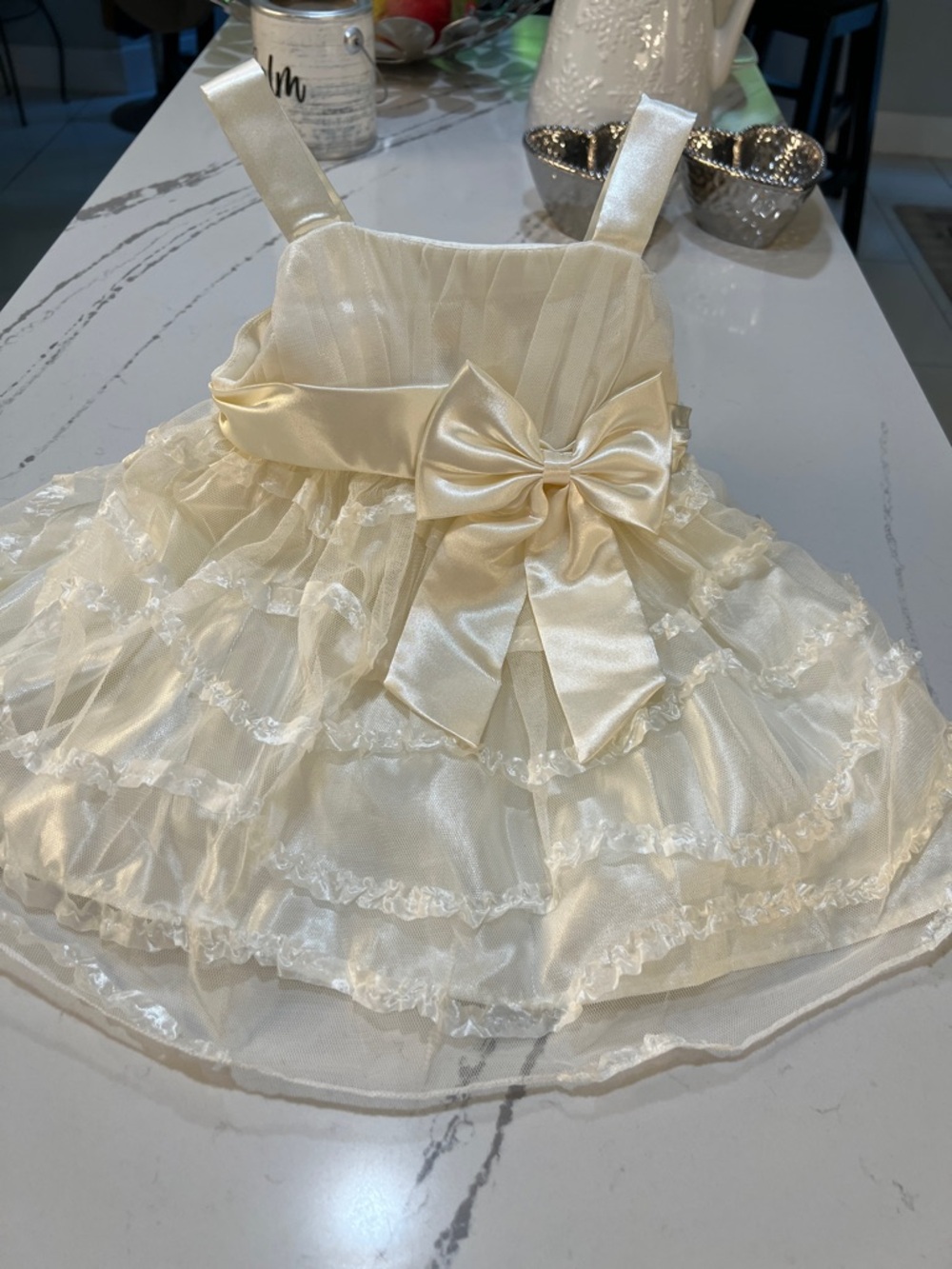 Girls Cream Satin Ruffle Formal Dress with Bow size 12M